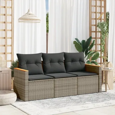 Produktbild von Design 3-tlg. Garten-Sofagarnitur mit Kissen Grau Poly Rattan, Gartenmöbel-Sets 2024 Neu