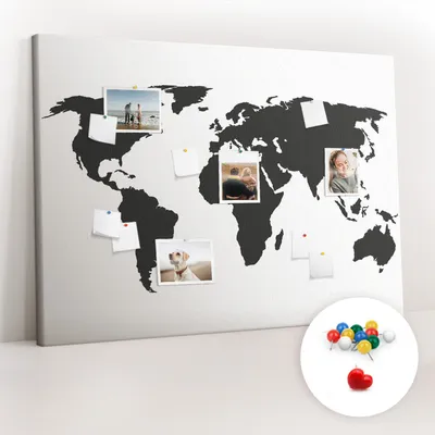 Imagen del producto de Tablero de corcho con chinchetas - Panel con chinchetas para fotografías y notas - 140x100 cm - 100 chinchetas de colores - Mapa del mundo en color