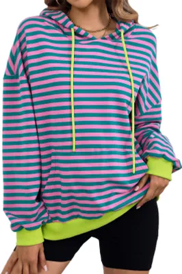 Image de ASKSA Sweat à capuche femme Oversized Rayé Colourblock Hoodie Hauts Y2K Sweatshirt avec poches (Rose,L)