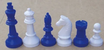 Produktbild von Schachfiguren weiss/blau KH 93 mm, Staunton Form, mit Filzsockel