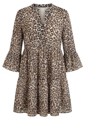 Produktbild von Beiges Kleid mit V-Ausschnitt, 3/4-Ärmeln, Stufenrock und Leopardenprint, Größe M
