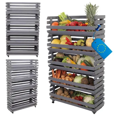 Produktbild von MODO24 Gemüseregal Holz, 5 Holzkisten, Kartoffelsteige, Obstregal, Rollenregal, Stapelbar, Vorratsregal, Massivholz Kiefer, 132x77x30 cm, Grau, RAWA