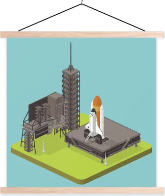 Produktbild von MuchoWow® Textilposter Eine Illustration eines Space Shuttle-Starts 120x120 cm mit holzfarbenen Rahmen - Textil-Poster