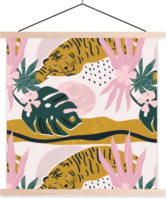 Produktbild von MuchoWow® Textilposter Muster - Tiger - Rosa 120x120 cm mit holzfarbenen Rahmen - Textil-Poster