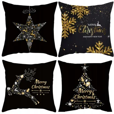 Produktbild von Weihnachtskissenbezug 4er Set - 40x40 cm - Velvet-Kissenhüllen mit Hirsch - Schwarz