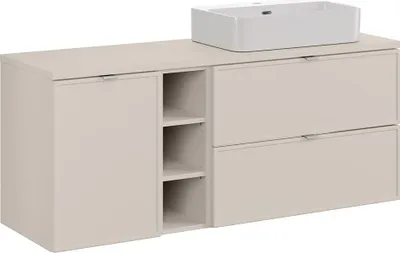 Produktbild von Badezimmer-Waschtisch 140 cm in Kaschmir mit Wäschekorb & Aufsatzwaschbecken - BIBIONE-56