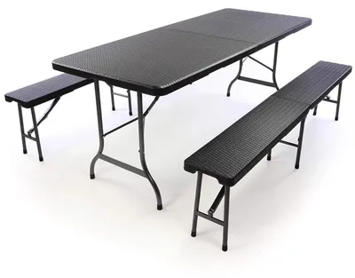Immagine prodotto di Set da birreria 180 cm, 1 tavolo 2 panche - Set tavolo pieghevole per esterni - Pieghevole - Struttura in ferro - Superficie in PVC - Per un massimo di 8 persone - Rettangolare - Nero