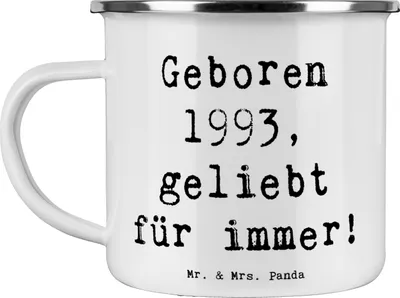 Produktbild von Mr. & Mrs. Panda Pott Spruch 1993 Geburtstag - Weiß - Geschenk, Happy Birthday, Teetasse, Geburtsjahr, Geburtstagsgeschenk, liebevolle Geschenke, Alter, Emaille Becher