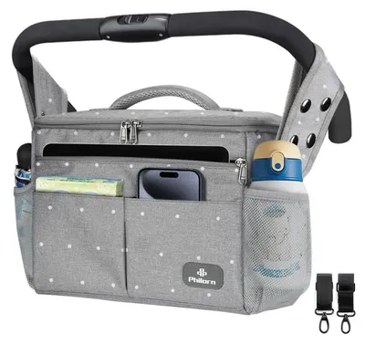Produktbild von Kinderwagen Organizer mit isolierten Getränkehaltern, Schultergurt, große Kapazität, Grau mit Punkten