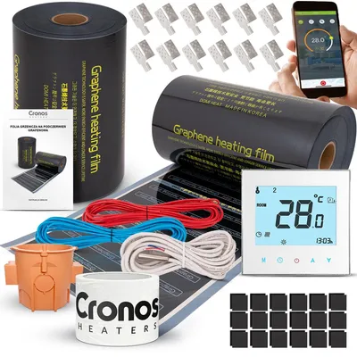 Image de Kit de films chauffants infrarouges Cronos GRAPHENE, 220 W/m², 50 cm de large, pour une surface de 10 m² + Thermostat Wi-Fi AC605H, blanc