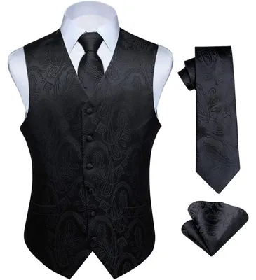 Produktbild von Herren Weste Krawatte Einstecktuch Set Floral Jacquard Seide Schwarz XS