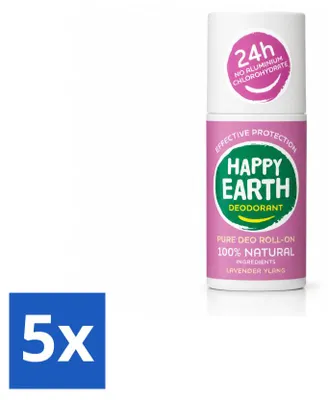 Imagen del producto de 5 unidades de desodorante roll-on "Happy Earth" aroma lavanda e ylang-ylang, 75 ml. Paquete económico