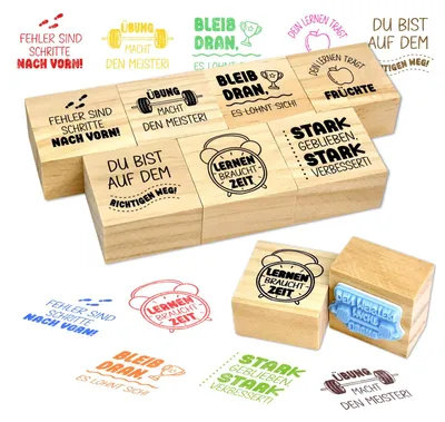 Image de Jeu de tampons - 7 tampons en bois avec différents motifs - Pour les écoles primaires et l'enseignement - Lot de 7