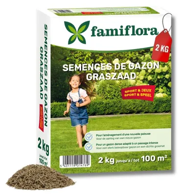 Produktbild von Famiflora Rasensamen 2kg bis 100m² - Spiel & Sport - zum Anlegen von neuem Rasen - Geeignet für einen Rasen bis 100m² - Starker Rasen, der Spiel und Sport übersteht - Dichte Grasnarbe verhindert Unkraut