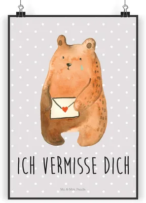 Produktbild von Mr. & Mrs. Panda Bild Bär Liebesbrief DIN A3 - Grau Pastell - Geschenk, Liebeskummer, Wandbild, Kunstdruck, Partner, drucke, poster, Freundin, Teddy, Plakat, Vermissen