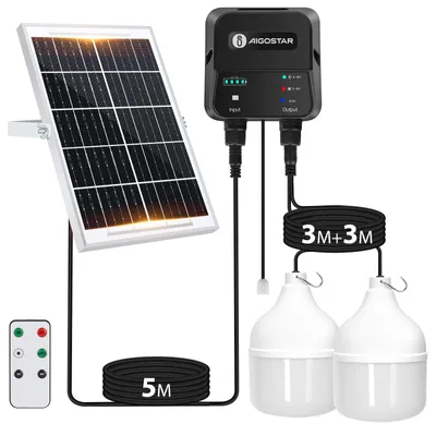 A solar powered lighting kit with a solar panel, control box, remote, and two hanging lights.
