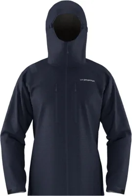 Hardshelljacke "Helixir Shell Jacket" von La Sportiva in Dunkelblau; mit Kapuze und ohne sichtbares Gesicht.