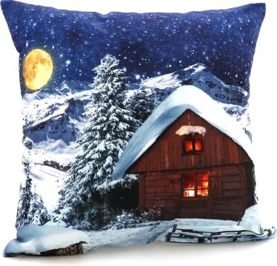Produktbild von heimtexland ® Deko Kissen Bezug Weihnachten Kissenhülle Chalet Landhaus Dekokissen Vichy Karo Hütten Stil Typ652 Berghütte bei Nacht