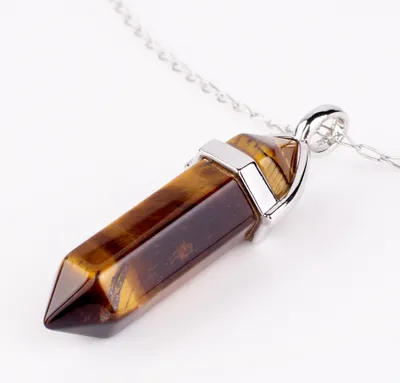 Produktbild von LAVISA Obelisk Edelsteinkette Silber, Anhänger, echte Kristall kette, Halskette, Rosenquarz, Amethyst, Naturstein - 55 + 5 cm (Tigerauge)