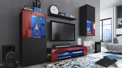 Produktbild von Vladon Wohnwand Movie, Anbauwand bestehend aus 1 TV-Board, 2 Vitrinen und 1 Regal, Schwarz matt/Schwarz matt/Bordeaux Hochglanz, inkl. LED-Beleuchtung blau (Gesamt: 300 x 190 x 39 cm)