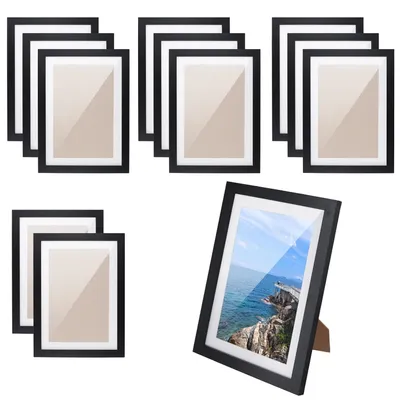 Produktbild von TRANKIELO® - 12 schwarze Bilderrahmen, 12 x 15,9 cm – mit weißem Passepartout für Fotos im Format 8,9 x 12,7 cm – ideal zur Wanddekoration