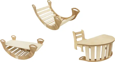 Produktbild von Skyline Set 5w1 Holz Kletterbogen, Klettergerüste, Wippe, Holzbogen für Kinder Montessori Tisch mit Stuhl und Rutsche, mod.B, 85x42x36cm, Eichenimitat