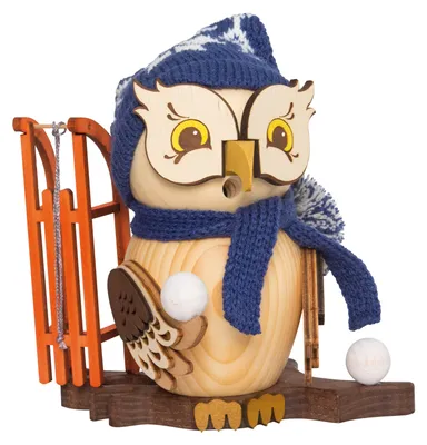 Produktbild von Drechslerei Kuhnert - Räucherfigur Eule mit Schlitten - Größe ca. 15cm, für Räucherkerzen Größe M (Standard) - 37221