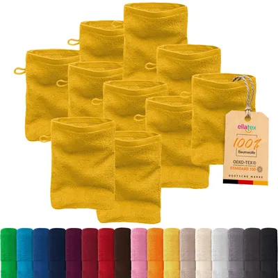 Produktbild von 10er Pack EllaTex Waschhandschuhe 15x21 cm 100% Baumwolle, 500 g/m² Handtücher Set weich saugstark Serie Paris, in Farbe: Sonnengelb