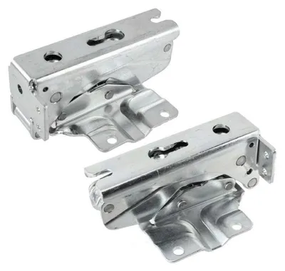 Two metal hinges are shown against a white background.