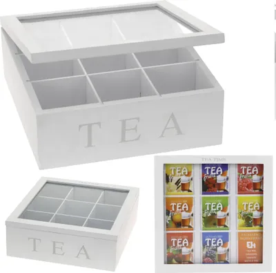 Obrázok produktu pre Drevený Organizér Na Čaj Tote Box 9 Priehradiek Square White