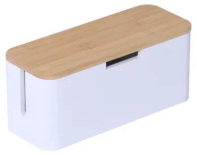 Obrázek produktu pro Relaxdays – kryt na prodlužovací kabel, bambus, s víkem, rozměry: 14,5 x 34 x 11 cm, skrytí kabelů, kryt na zásuvky, přírodní/bílá