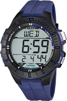 A digital watch with a blue strap and black bezel, displayed against a white background.