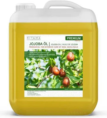 Zdjęcie produktu dla Kitama Olej jojoba tłoczony na zimno & virgin 5 litrów 5L złoty naturalny & wegański - Cenny olej jojoba do skóry, włosów i paznokci