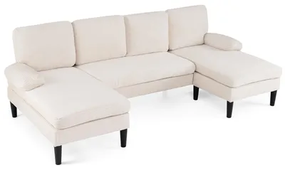 Produktbild von COSTWAY Ecksofa mit Schlaffunktion, U-förmige Couch für 5-6 Sitzer, Sofa aus Cordstoff, Schlafcouch mit Armlehnen, Wohnlandschaft, Schlafsofa, Beige