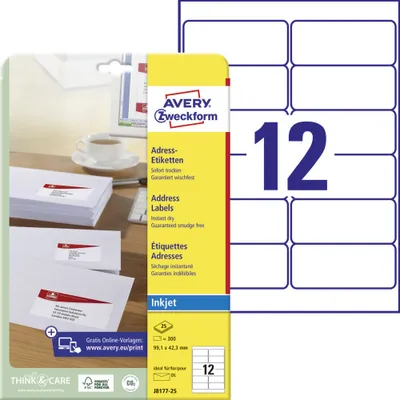 Produktbild von Avery Zweckform J8177-25 Adress-Etiketten, A4, 99,1 x 42,3 mm, 25 Bogen/300 Etiketten, weiß