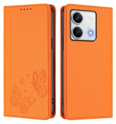 Obrázek produktu pro Kožené pouzdro pro Xiaomi Redmi Note 13 5G, motýlí ražbou, peněženkové flip pouzdro se stojánkem Oranžová