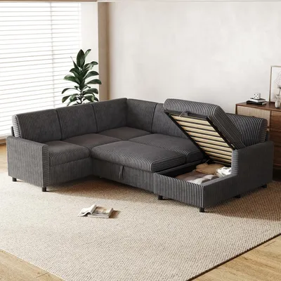 Produktbild von okwish U-förmiges Schlafsofa mit Ausziehbares Schlafsofa, Wohnzimmersofa mit Stauraum und Schlaffunktion,Cordstoff, Ecksofa in Grau