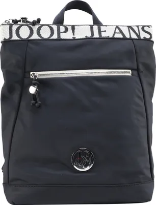 A dark blue backpack with a white and black logo band across the top.