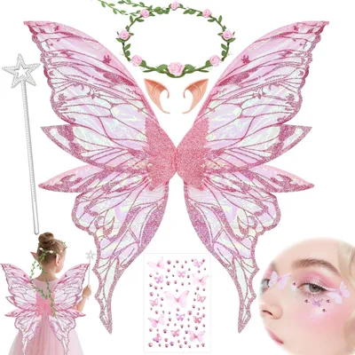 Imagen del producto de Disfraces de hada con alas de mariposa, orejas de elfo, tocado y varita, talla única, ideales para fiestas de disfraces