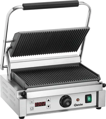 Produktbild von Bartscher A150691 Kontaktgrill, Edelstahlgehäuse, 2500 Watt, Thermostat, Schräger Fettablauf, Timer