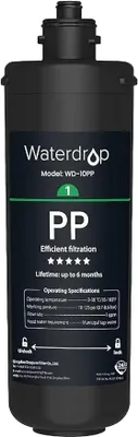 A black water filter cartridge with product information printed on it.