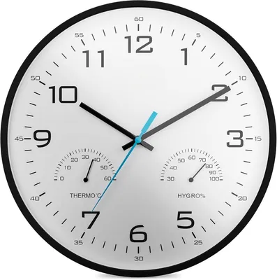 Productafbeelding van PromoHome® 30 cm analoge wandklok met thermometer en hygrometer, zwart, kunststof, stille uurwerk