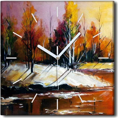 Produktbild von Coloray Uhr auf Leinwand 30x30 cm Wand Uhr Dekoration Wohnzimmer Segeltuch weiße Zeiger -Herbstwaldbäume