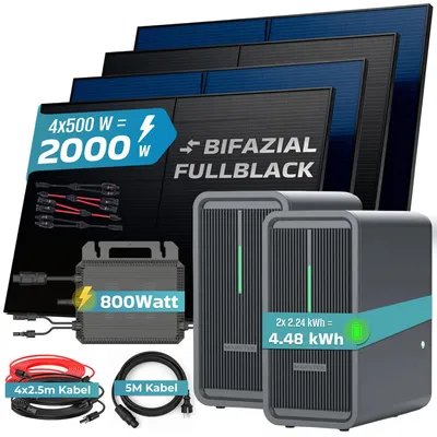Produktbild von SUNNIVA® 2000W Balkonkraftwerk mit 4.48 kWh Speicher MARSTEK 2x B2500-D, 4x 500W BIFAZIAL FULLBLACK komplett Steckdose, PV Solaranlage + Solarspeicher