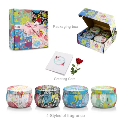 Image de TWOLIIN Set de 4 bougies parfumées dans des boîtes en métal, 120g avec gardénia, jasmin, vanille française & lavande, idéal pour les anniversaires, la Saint-Valentin, les fêtes, le yoga, les mariages & la fête des mères