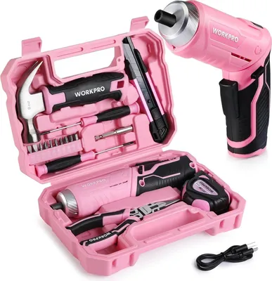 Produktbild von WORKPRO Werkzeugset Rosa pink 18-tlg. USB C Akkuschrauber klein magnetischer Bits Koffer DIY Haushalt Kinder Bastelei