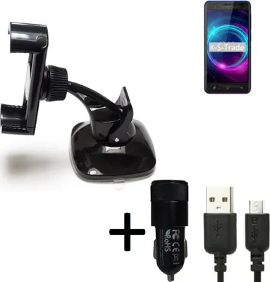 Produktbild von K-S-Trade Halterung kompatibel mit BQ Mobile BQ-5046L Choice LTE Windschutzscheibe / Armaturenbrett + LADEGERÄT mit Mico USB Kabel Autohalterung KFZ