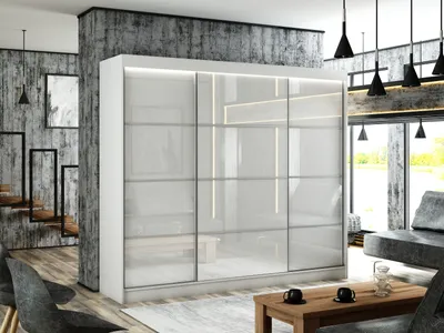 Image de Armoire Porto III 250 cm avec 3 portes coulissantes Livraison à domicile Tringle à vêtements Penderie Armoire (couleur : blanc, lacobel blanc, barreaux)
