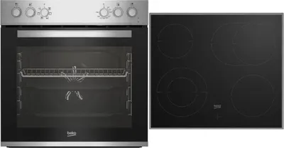 A split image showing a stainless steel oven on the left and a black ceramic electric hob on the right.
