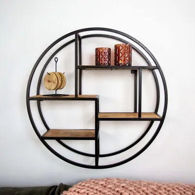 Zdjęcie produktu dla Manahee Design | Industrialna półka ścienna Sari | Drewno mango brązowe | Ø 76 cm